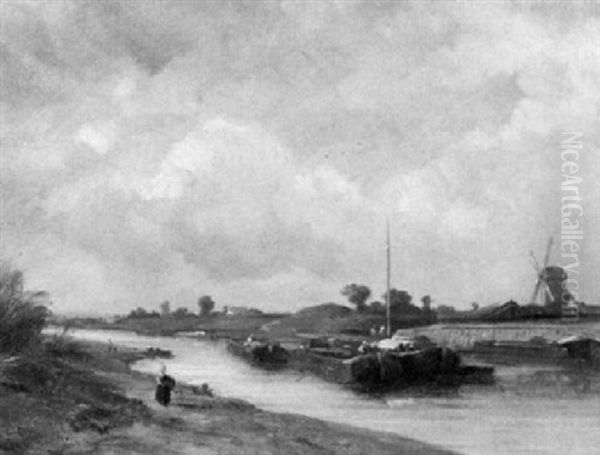 Hollandischer Kanal Mit Lastkahnen Und Schleppern Oil Painting by Francois Antoine Leon Fleury