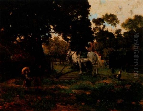 Two Children, Horse, And Rooster In Barnyard Oil Painting by Marie Berthe Fleury