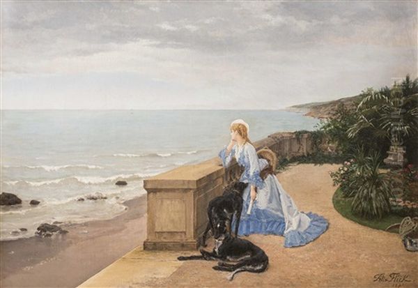 Melancholie - Vornehme Junge Dame Mit Ihren Hunden Blickt Von Der Gartenterrasse Auf Das Mittelmeer Oil Painting by August Emile Flick