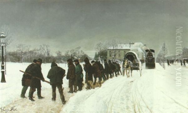 Avenue De Neuilly Sous La Neige Oil Painting by August Emile Flick