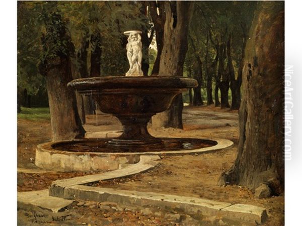 Brunnen Im Park Der Villa Borghese In Rom Oil Painting by Paul Franz Flickel