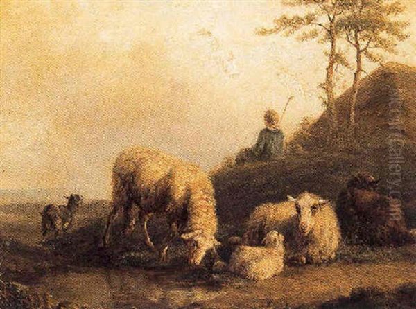 Herder Met Zijn Schapen Oil Painting by Helmert Richard Van Der Flier