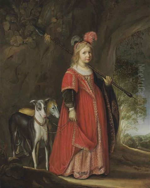 Portrait Of A Young Girl As Diana, In A Glade With Two Greyhounds Oil Painting by Govaert Flinck