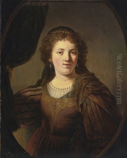 A 'tronie' Of A Young Woman In An Eastern Costume Drawing A Curtain To One Side, In A Painted Oval Oil Painting by Govaert Flinck