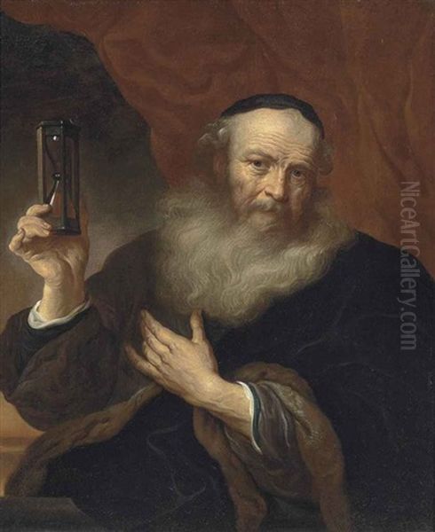 Portrait Of An Old Man Holding An Hourglass Oil Painting by Govaert Flinck