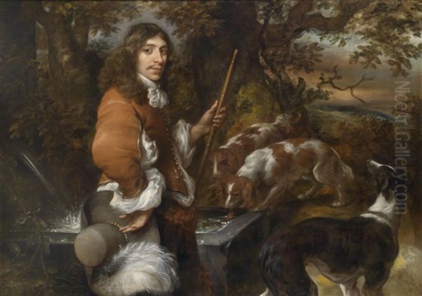 Ein Junger Jager Mit Hunden An Einem Brunnen by Govaert Flinck