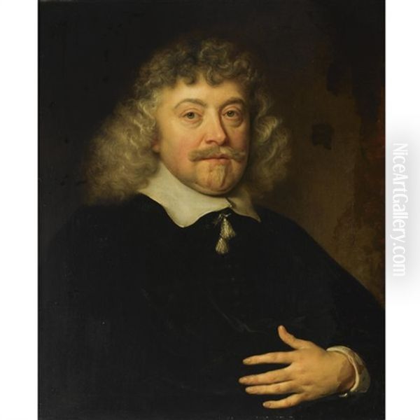 Portrait Of Joseph Coymans, Wearing A Black Costume With A White Flat Collar Oil Painting by Govaert Flinck