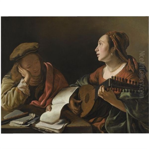 A Young Lady Playing The Lute To A Young Man Reading, Or An Allegory Of Sight And Hearing Oil Painting by Govaert Flinck