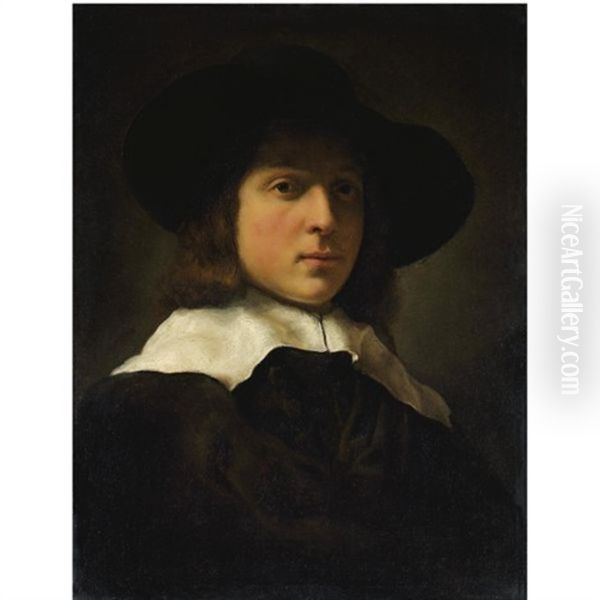 A Portrait Of A Young Man Wearing A Hat And White Ruff Oil Painting by Govaert Flinck