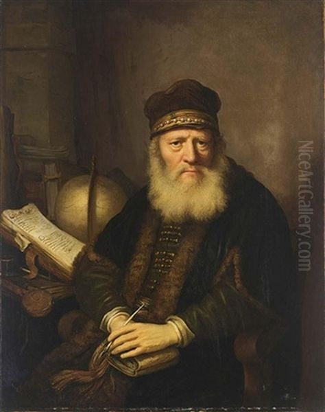 A Portrait Of A Philosopher Holding A Pen And A Book In His Hands Oil Painting by Govaert Flinck