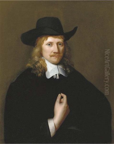 Portrait Of A Man, Half-length, In A Black Costume With White Collar, Cuffs And Black Hat Oil Painting by Govaert Flinck