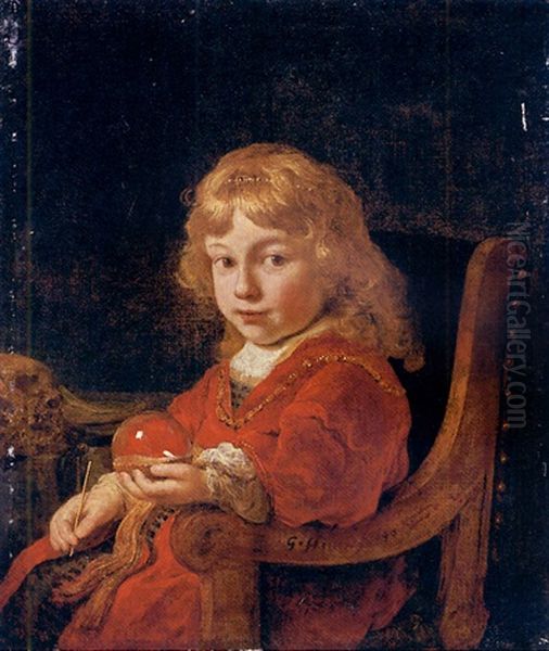 A Vanitas Portrait Of A Young Boy In A Gold-embroidered Red Velvet Gown by Govaert Flinck