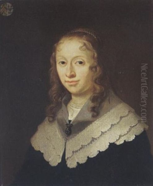 A Portrait Of Cornelia Haring Wearing A Black Dress With Lace Collar, Pearl Jewellery And A Bonnet Adorned With Pearls Oil Painting by Govaert Flinck