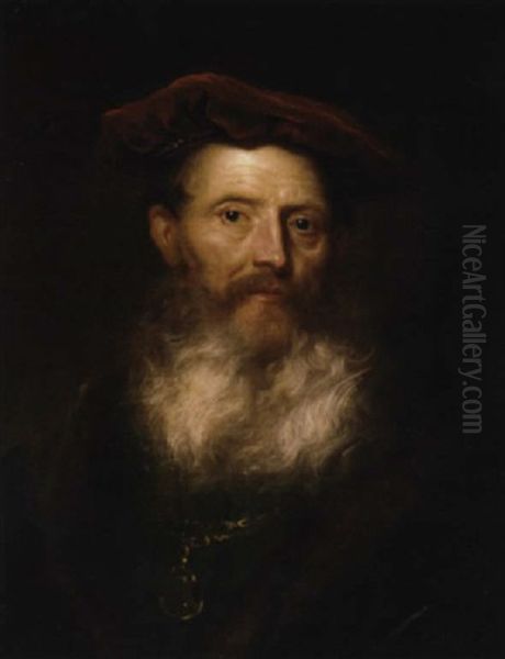 Portrait Of A Bearded Man In A Fur-trimmed Black Coat And A Velvet Cap Oil Painting by Govaert Flinck