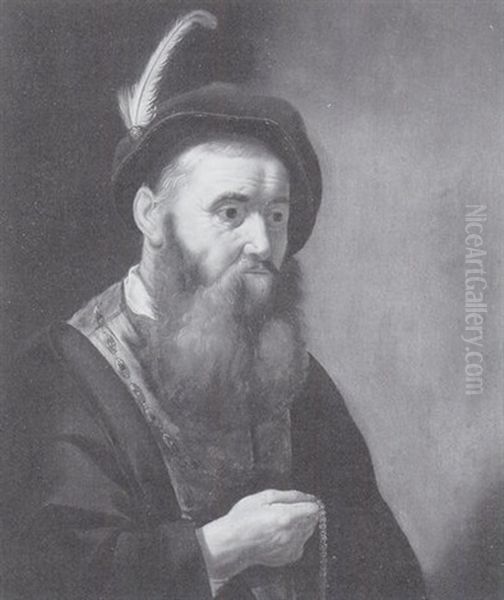 Man With Plumed Hat Holding Beads Oil Painting by Govaert Flinck