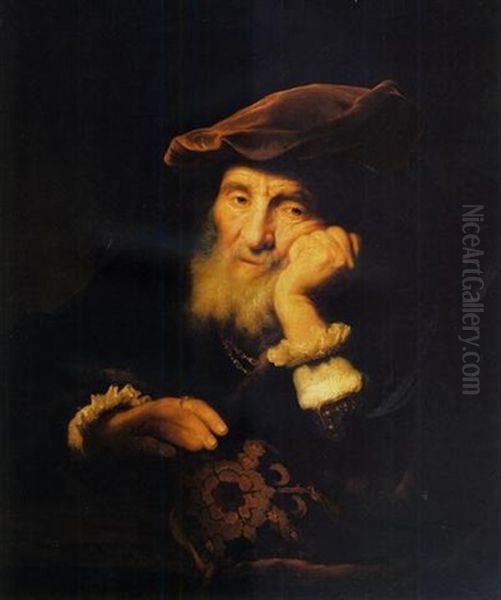 A Bearded Old Man, Seated At A Ledge, In A Fur- And Brocade-lined Cloak And A Velvet Cap Oil Painting by Govaert Flinck