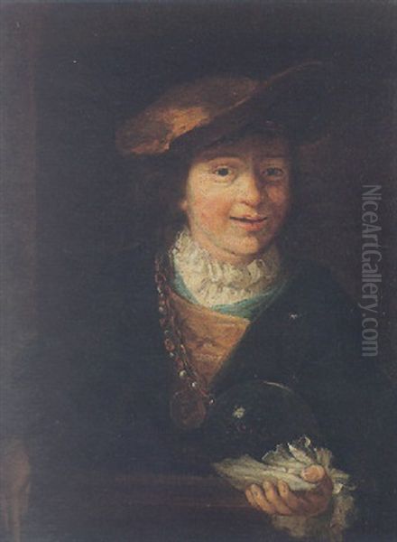 Portrait Of A Boy At A Window, Holding A Pipe And A Bubble Oil Painting by Govaert Flinck