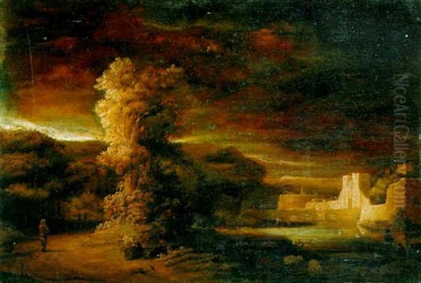 A Moated City Wall At Night Oil Painting by Govaert Flinck