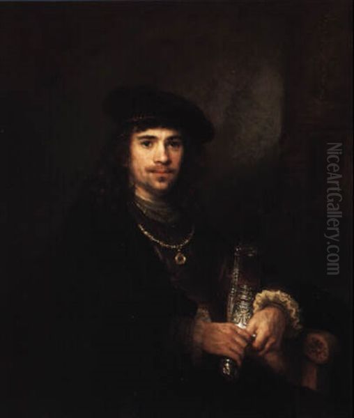 Portrait Of A Young Man Holding An Ottoman Short Sword In Scabbard Oil Painting by Govaert Flinck