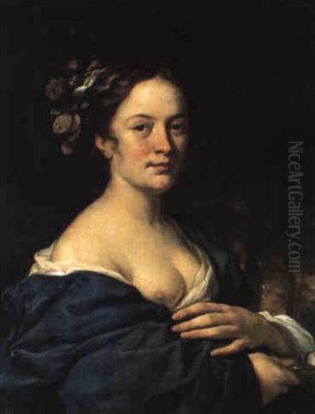 Portrait Of A Lady Holding A Rose (the Goddess Flora?) Oil Painting by Govaert Flinck