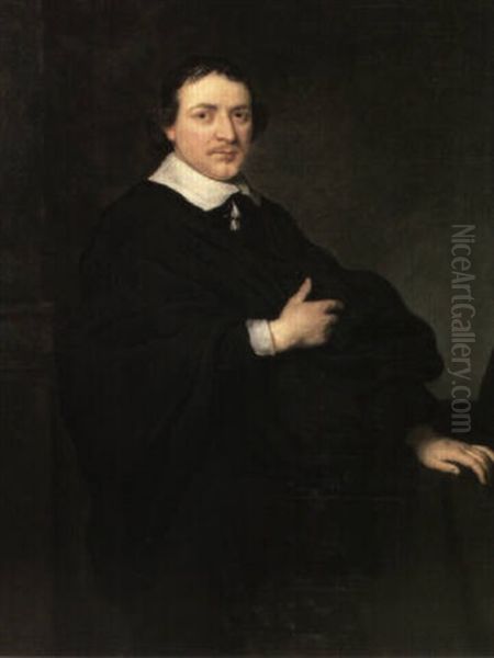 A Portrait Of A Gentleman, Three Quarter Length, His Left   Hand Leaning On A Table Oil Painting by Govaert Flinck