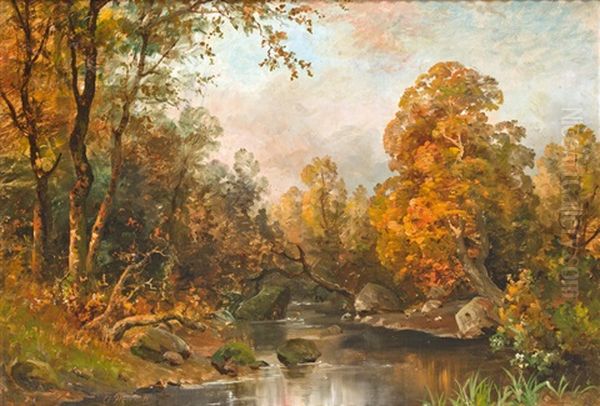 Herbstabend Am Waldbach Oil Painting by August Flinker