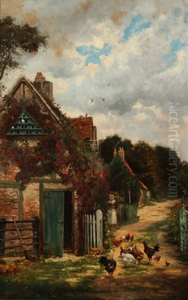 View From A Rural Village With A Woman Feeding The Chickens Oil Painting by Saville Lumbley Flint