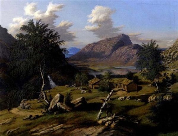 Fjellandskap Med Mann Og Bjorkestammer Oil Painting by Johannes Flintoe