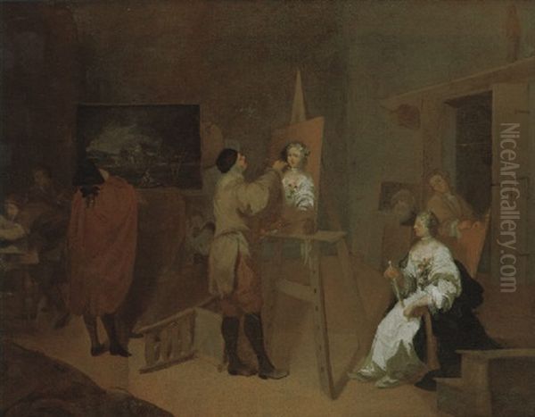 Blick In Das Atelier Eines Malers Mit Dem Kunstler, Der Eine Dame Portratiert Und Seinen Gehilfen Sowie Einem Eleganten Herrn Mit Dreispitz by Joseph Charles Giuseppe Flipart