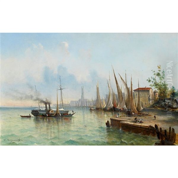 Hafenmole Mit Segelbooten Und Dampfschiff Oil Painting by Victor Philippe Flipsen