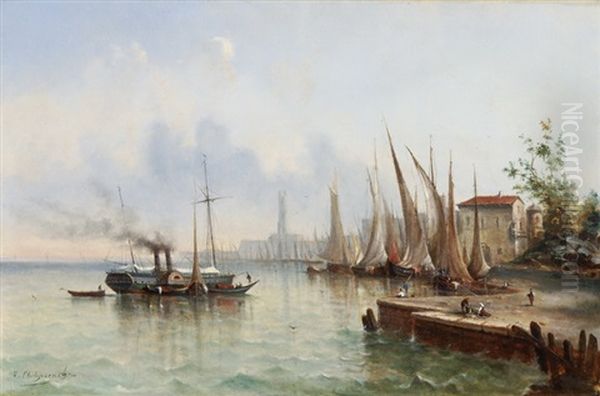 Hafenmole Mit Vor Anker Liegenden Segelbooten Und Ankommendem Dampfschiff Oil Painting by Victor Philippe Flipsen