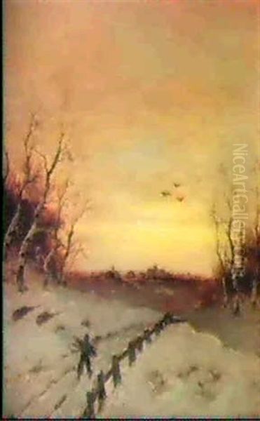 Am Winterlichen Waldweg Oil Painting by August Flockemann