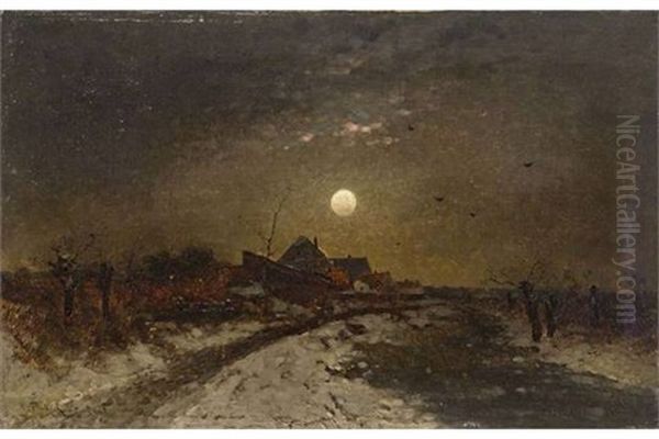 Winterlandschaft Bei Vollmond Oil Painting by Heinz Flockenhaus