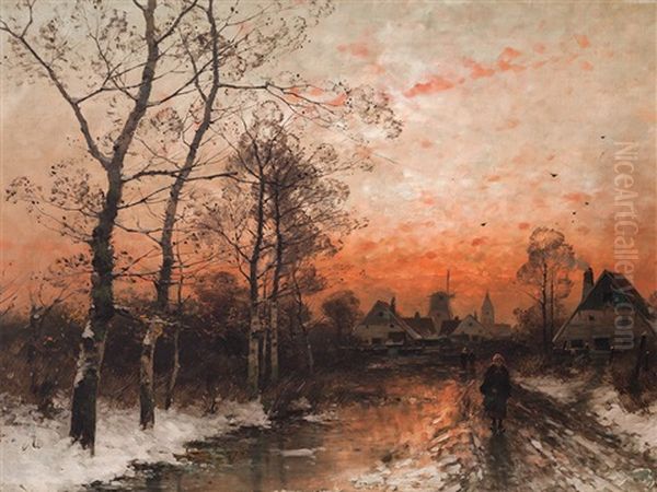 Winter In The Village Oil Painting by Heinz Flockenhaus