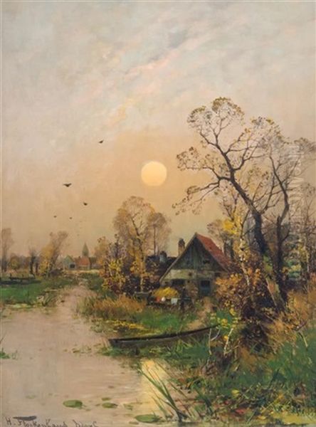 Sunset Cottage Oil Painting by Heinz Flockenhaus