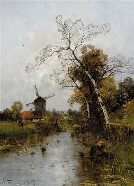 Windmuhle In Herbstlicher Bachlandschaft Oil Painting by Heinz Flockenhaus