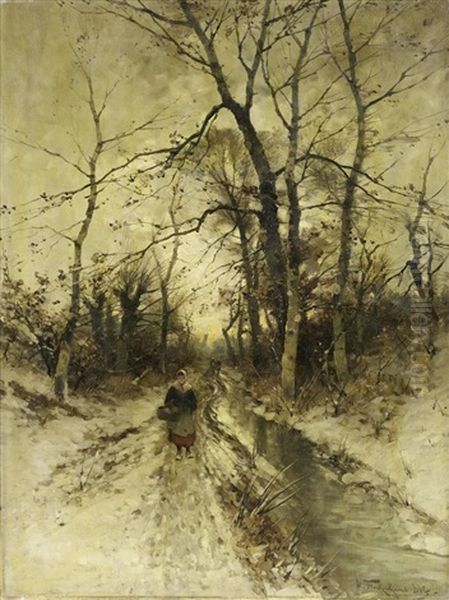 Auf Dem Winterlich Verschneiten Weg Oil Painting by Heinz Flockenhaus