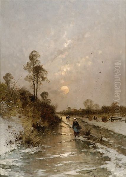 Winterliche Fluslandschaft Mit Landvolk Und Dorfansicht Oil Painting by Heinz Flockenhaus