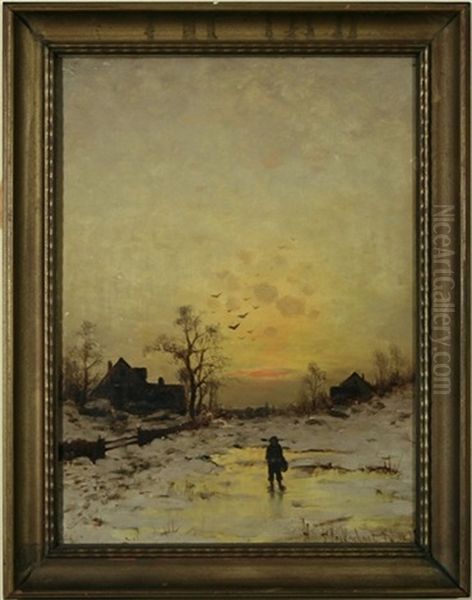 Winter Evening Sunset Oil Painting by Heinz Flockenhaus