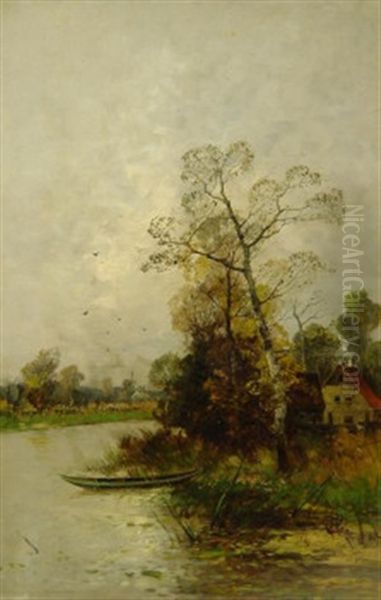 Stiller Herbsttag. Bauernkaten Am Ufer Eines Fluslaufes Oil Painting by Heinz Flockenhaus