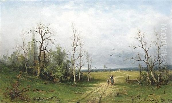 Gewitterstimmung Uber Weiter Niederrheinlandschaft. Im Vordergrund Bauerin Mit Ihrem Kind Auf Einem Weg Oil Painting by Heinz Flockenhaus