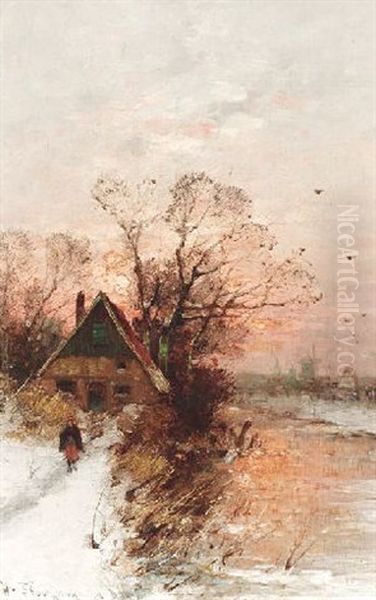 Winterlandschaft Mit Bauernkate An Einem Fluslauf Im Abendrot Oil Painting by Heinz Flockenhaus