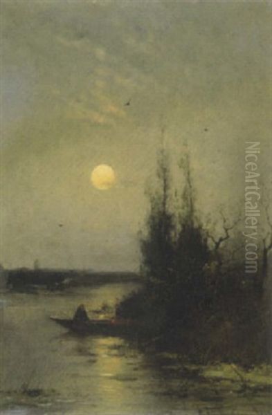 Fluslandschaft Mit Angler Bei Aufgehendem Mond Oil Painting by Heinz Flockenhaus