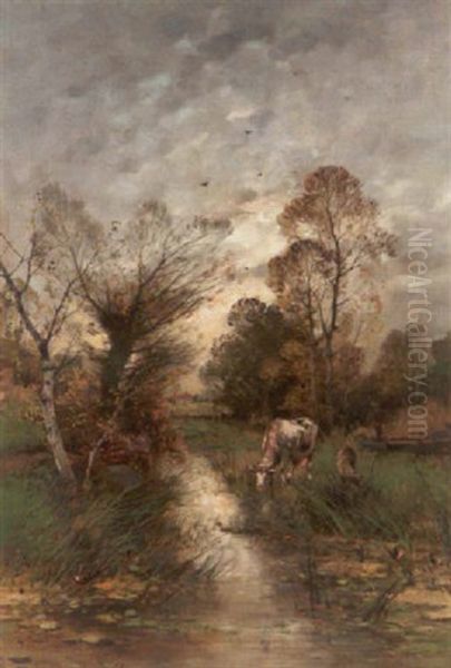 Kuh Und Schaf Am Bachlauf Oil Painting by Heinz Flockenhaus