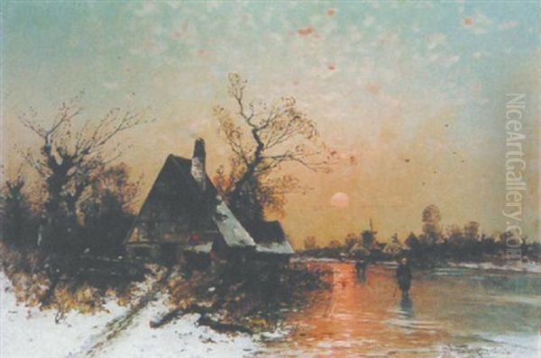 Niederrheinische Winterlandschaft Bei Sonneuntergang Oil Painting by Heinz Flockenhaus