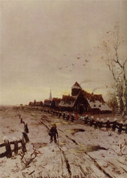 A View Of A Village Along A Track In Winter Oil Painting by Heinz Flockenhaus