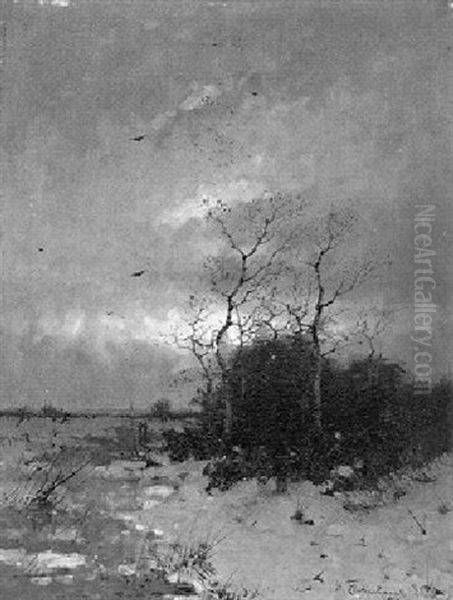 Winterabend Am Niederrhein Oil Painting by Heinz Flockenhaus