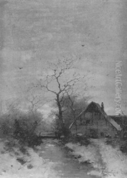 Winterlandschaft Mit Bach Und Bauernhaus In Holland Oil Painting by Heinz Flockenhaus