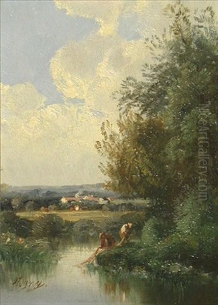 Fishermen By The Riverbank Oil Painting by Eugene Victor de Flogny