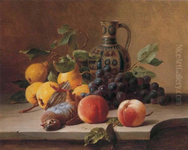 Nature Morte Aux Fruits, A L'oiseau Et A La Cruche Oil Painting by Eugene Victor de Flogny